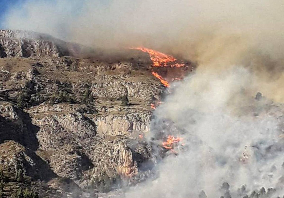 El humo y las llamas del incendio forestal declarado en Sella.