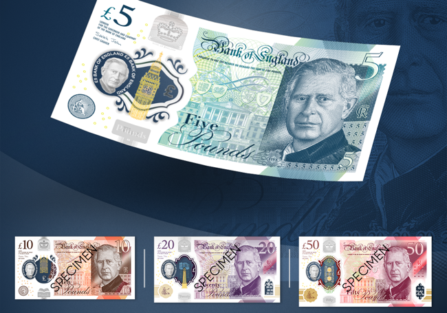 Los nuevos billetes con la imagen del rey Carlos III de inglaterra.