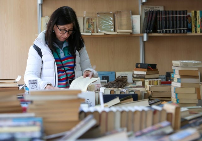 Una mujer consulta un libro en uno de los puestos.