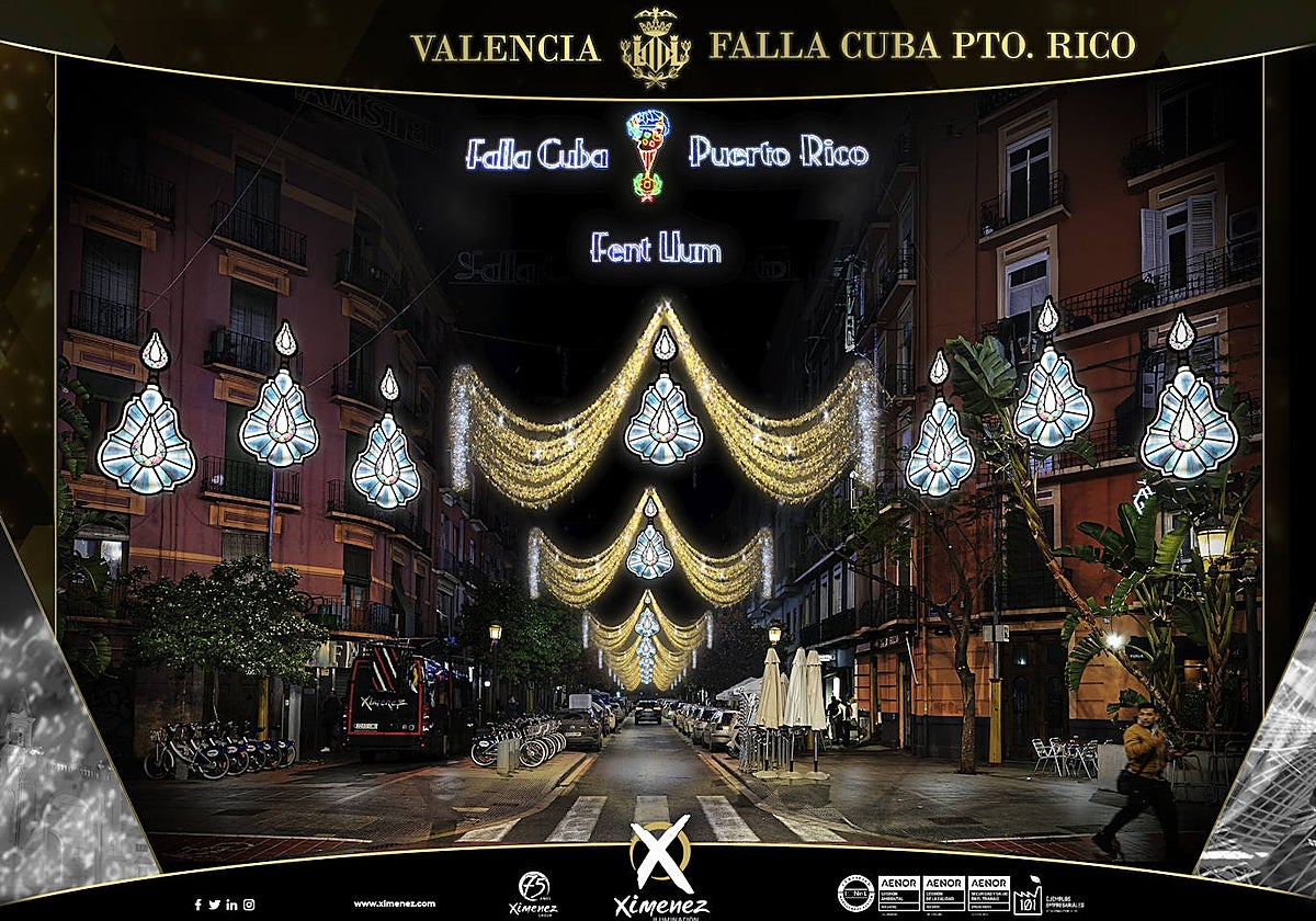 Recreación de las luces que ha instalado la falla Cuba-Puerto Rico en su demarcación fallera.