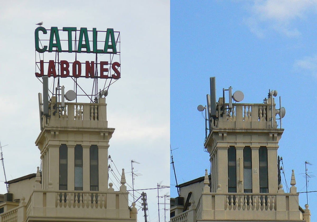 Edicio de la esquina de San Vicente con la Gran Vía Ramón y Cajal con el rótulo de Jabones Catalá y sin él.