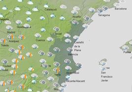 Mapa de lluvias previsto para el lunes 25 de marzo.