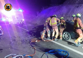 Los bomberos trabajan en el rescate de uno de los conductores atrapado tras la colisión en Navarrés.