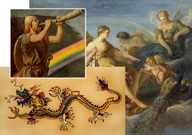 Representaciones de Heimdallr, guardián del Bifröst; dragón chino con los colores del arocíris e 'Iris con Juno y Flora', del pintor francés Lemoyne.