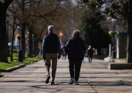 na pareja de jubilados pasea por un parque en una imagen de archivo.