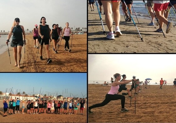 Algunas imágenes de personas realizando marcha nórdica en la playa.