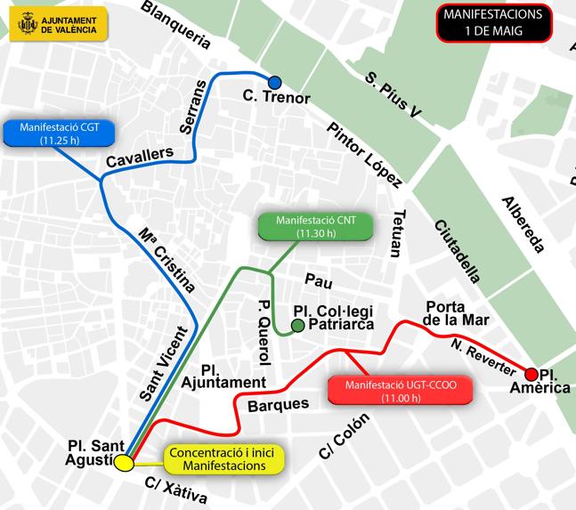 Recorrido de las manifestaciones en Valencia.