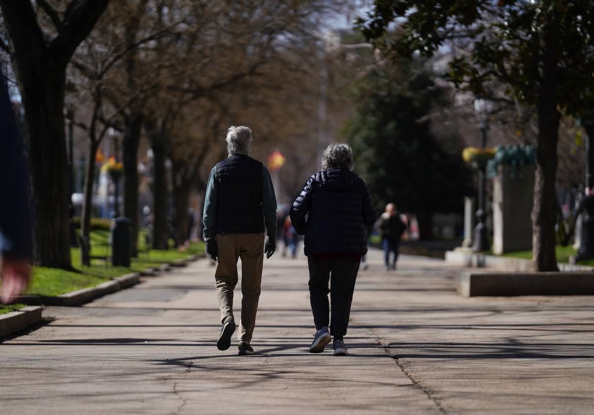 Dos jubilados pasean por un parque.