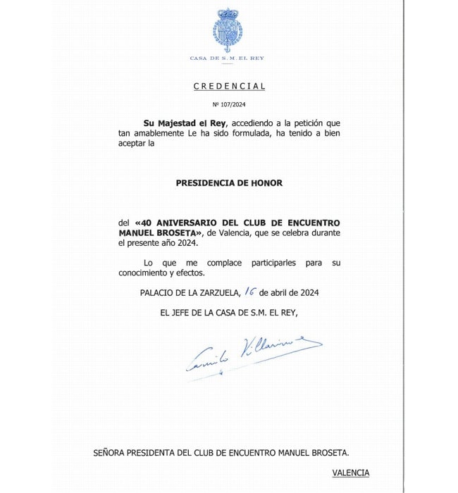 La carta enviada por la Casa Real al Club de Encuentro Manuel Broseta.