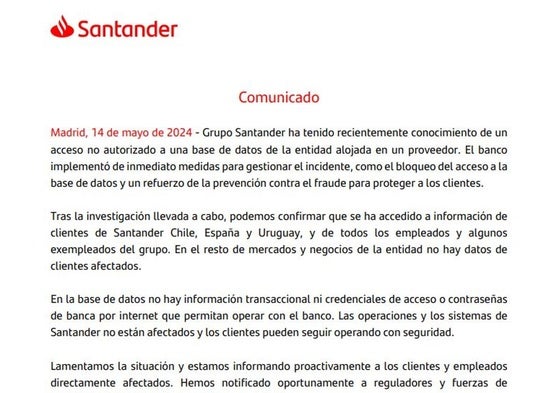 El comunicado del Satander.