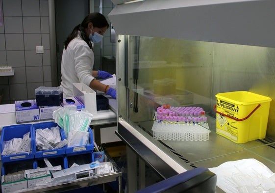 Una técnico junto a unas muestras en el laboratorio.