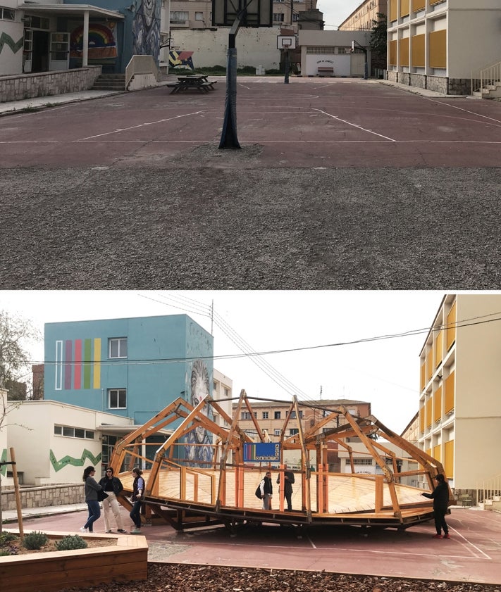 Imagen secundaria 2 - En la primera imagen, el estado inicial del exterior del centro. En la segunda, el cambio gestado por los arquitectos en ese espacio. Y en la tercera foto, otro espacio en construcción en una de las canchas, antes y ahora.