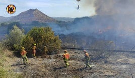 Los efectivos de bomberos en las labores de extinción del incendio.