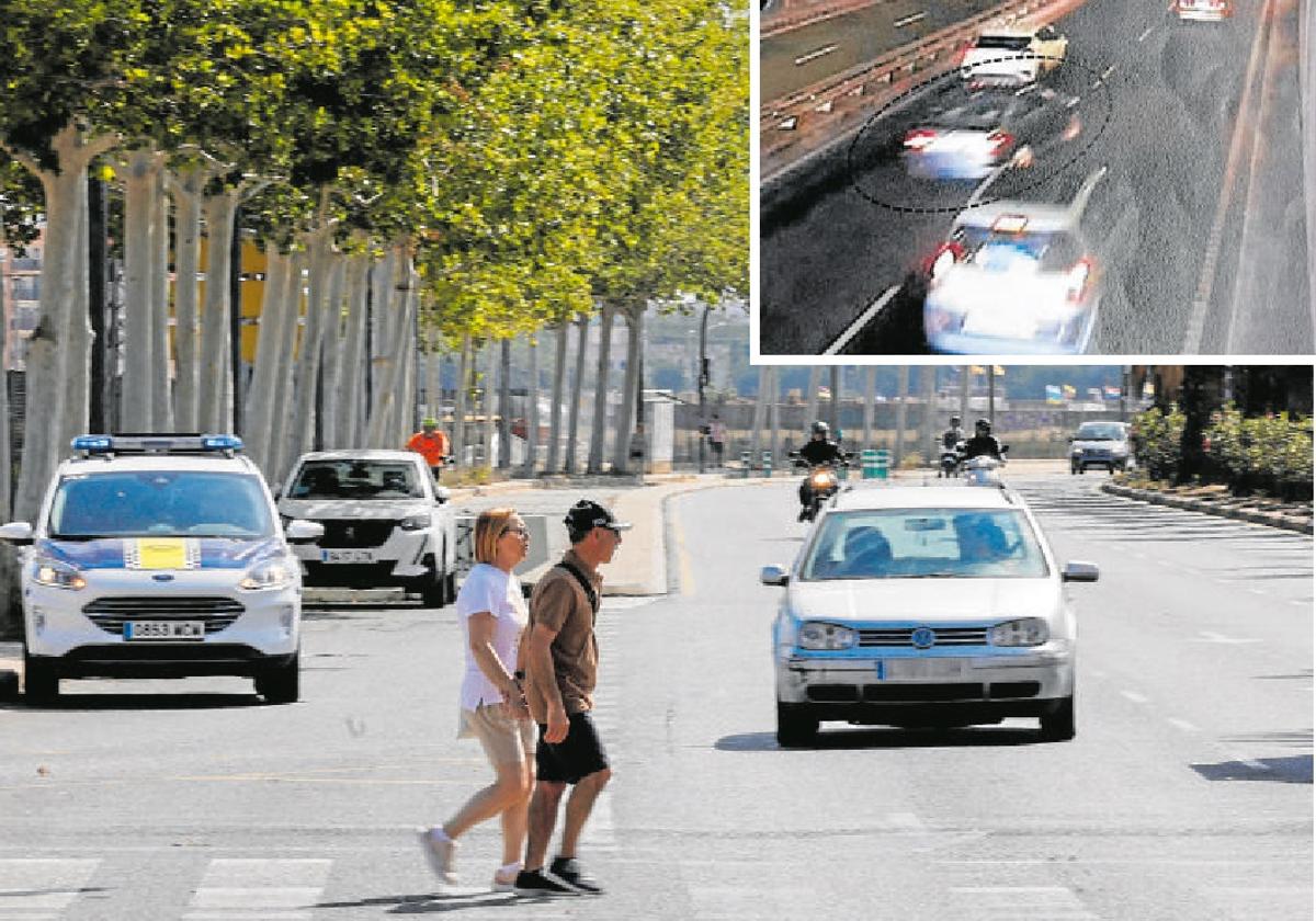 Paso de peatones donde se produjo el atropello y arriba, sorteando coches por el túnel de Hermanos Machado.