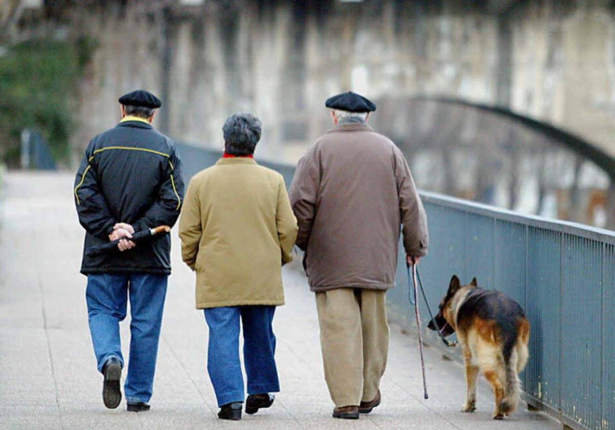 Tres jubilados pasean con su perro.