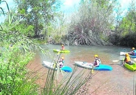 Varios aficionados al kayak navegan por aguas del Turia a su paso por Ribarroja.