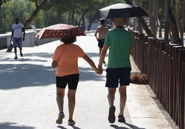 Dos ciudadanos se protegen del calor en una calle de Madrid, esta semana.