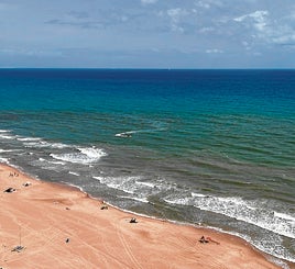 La mancha marrón, en la playa de El Perellonet, este lunes.