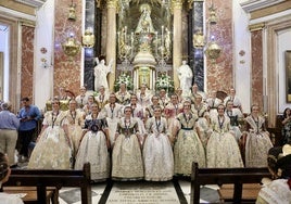 Candidatas a fallera mayor de Valencia 2025, en la Basílica de la Virgen, este domingo.