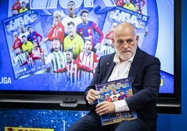 Javier Tebas, durante la presentación este jueves de los cromos de Panini de la Liga.