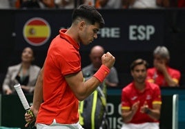 Carlos Alcaraz celebra la victoria contra Francia.