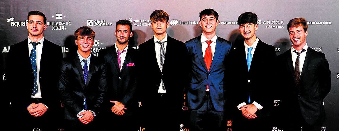 De izquierda a derecha, jugadores del Levante UD Futsal: Toni Modesto, Alberto Parreño, Pablo Mezquida, Nacho Benages, José Iglesias, Manuel Rodrigo y Nacho Parreño.