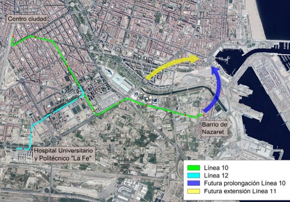 Recreación en línea verde de la línea L10 y en azul de la línea 12 a La Fe.