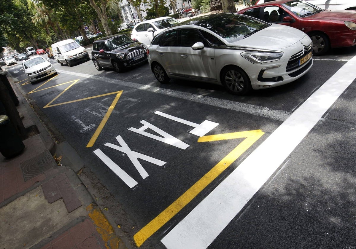 Un carril bus recién pintado en la avenida Marqués de Turia.