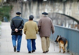 Tres jubilados pasean con su perro.