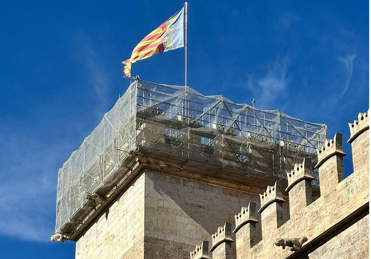 La torre de la Lonja con andamios.