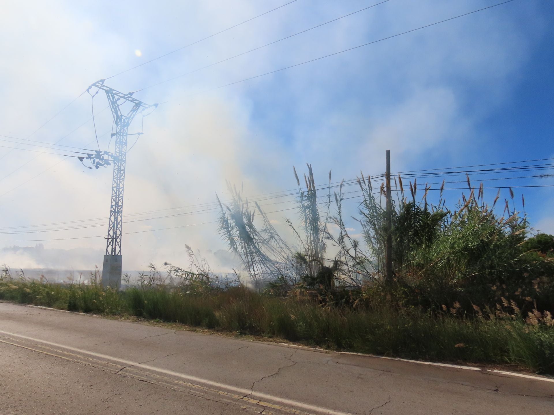 Los bomberos intervienen una quema de paja del arroz descontrolada en un campo junto a la Albufera