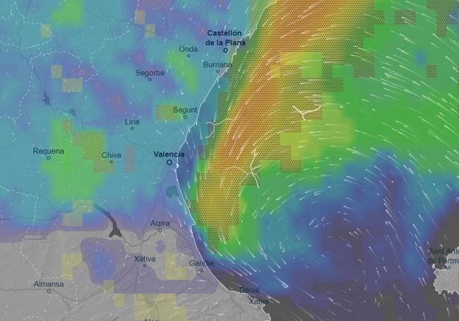 Previsión de lluvias el sábado en la Comunitat. Los colores cálidos indican más lluvia.