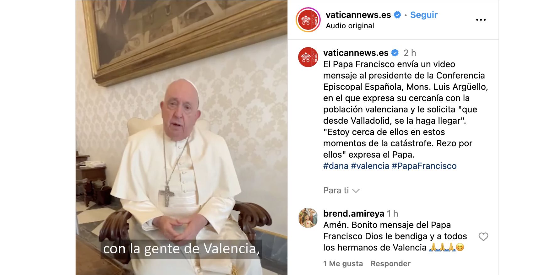 El Papa Francisco, durante su mensaje a los valencianos