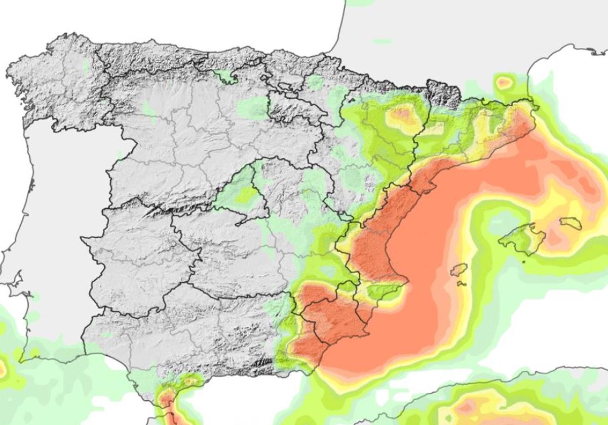 Probabilidad de lluvias de 2mm este domingo en Valencia.