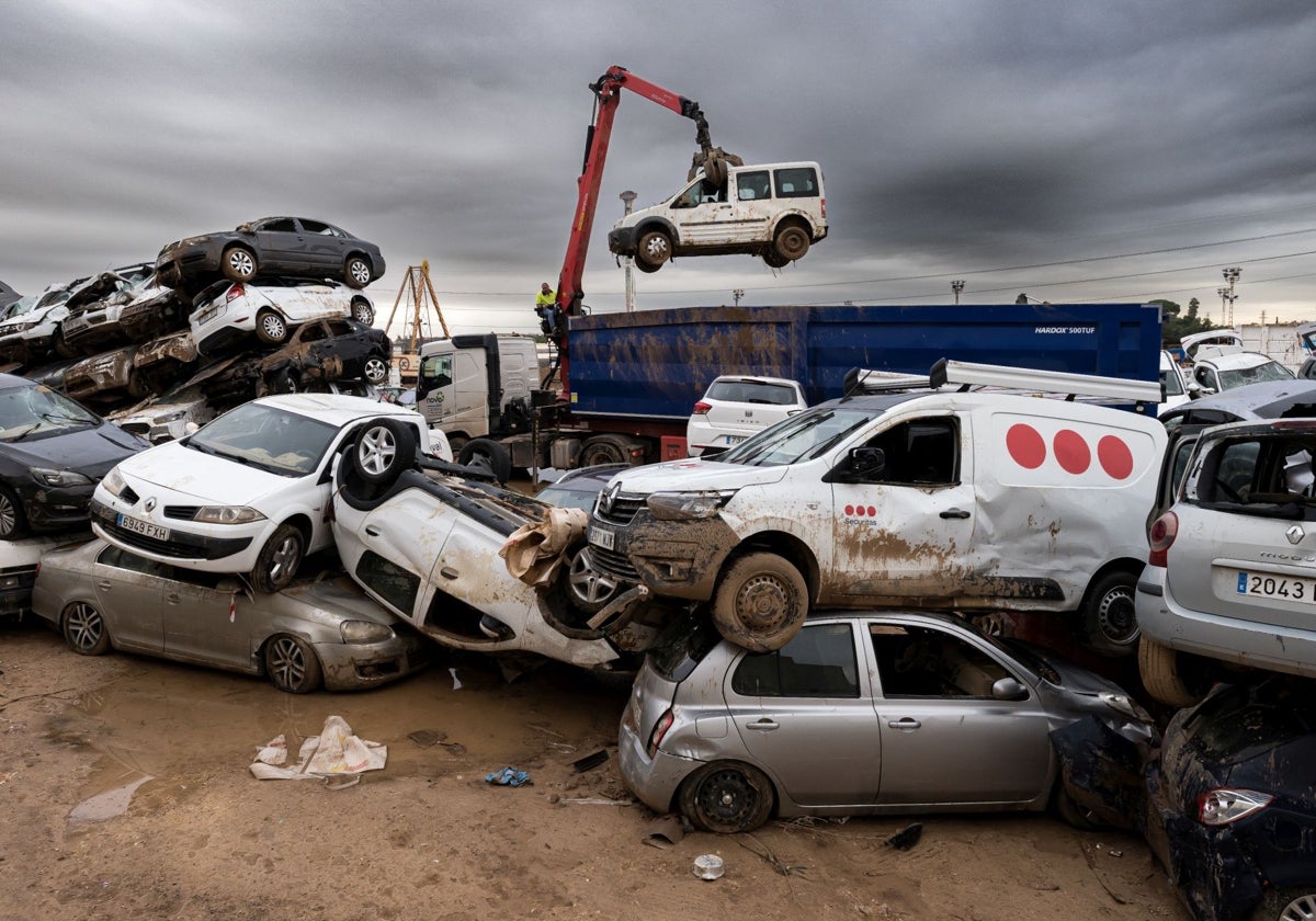 Retirada de coches afectados por la DANA en Paiporta.