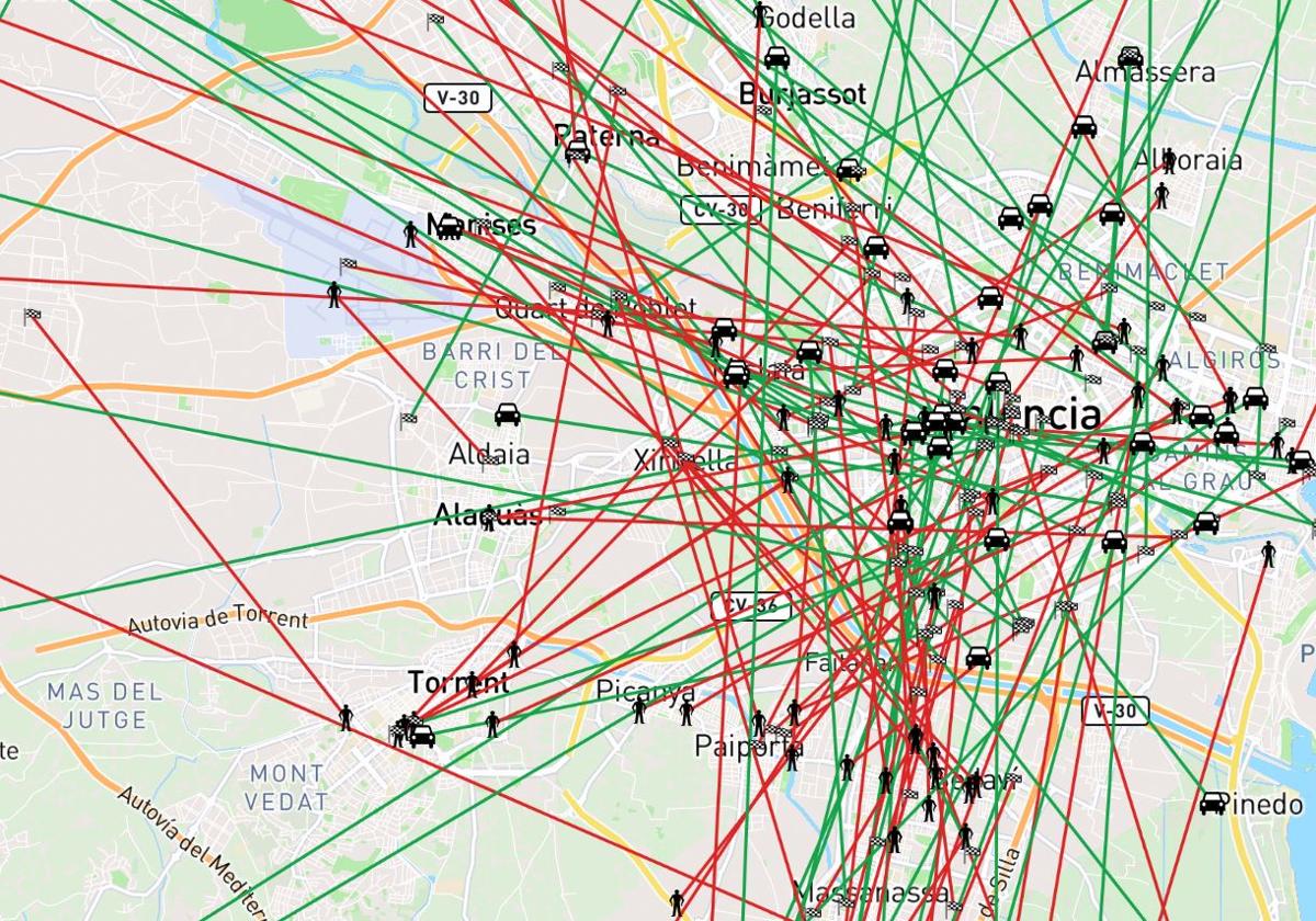 Mapa de desplazamientos en 'Anem' el día siguiente de su puesta en marcha.