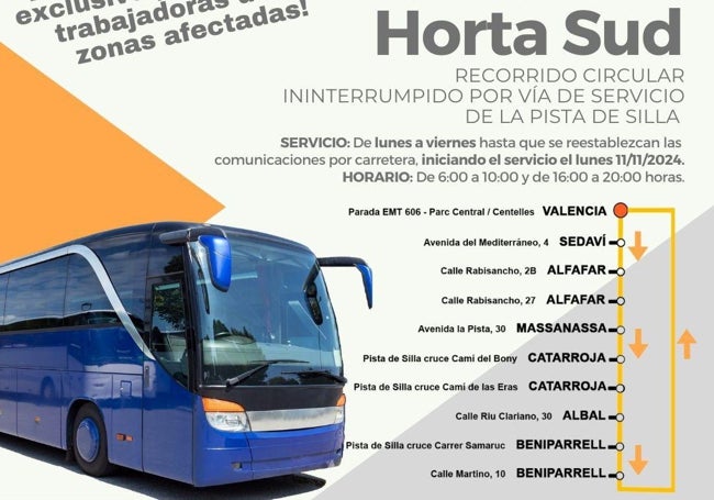 Ruta del servicio de autobús para trabajadores de la zona afectada.