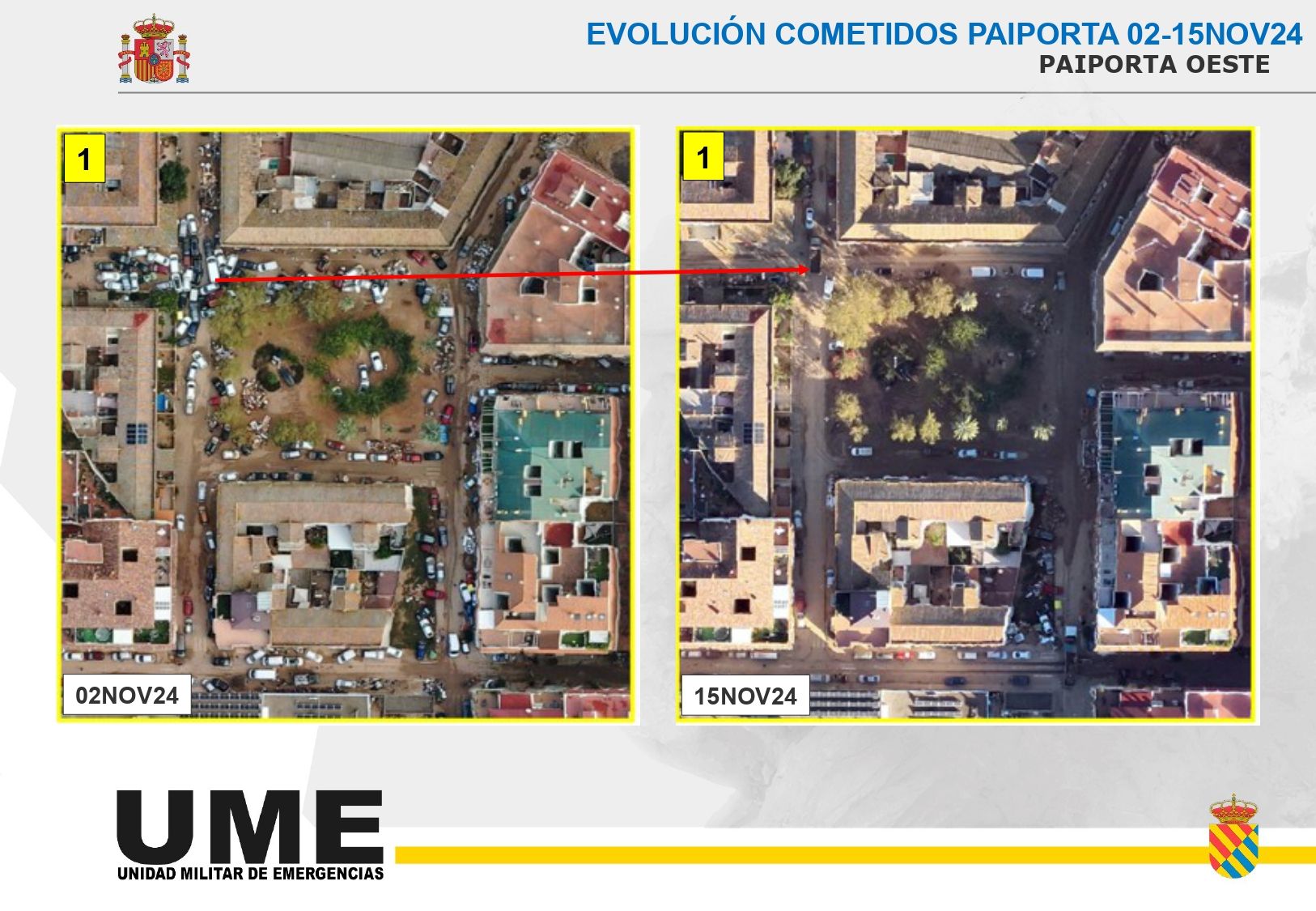 La UME muestra el antes y el después de Paiporta tras la DANA