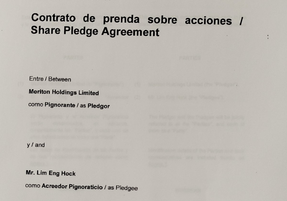 Imagen principal - Documento firmado por Meriton y Peter Lim sobre la prenda de las acciones por valor de 253 millones de euros.