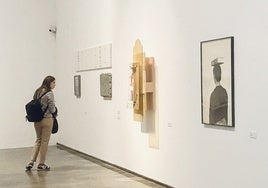 Una mujer contempla los cuadros de la exposición.