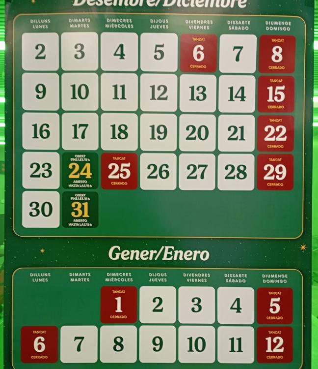 Calendario de Mercadona para diciembre y enero.