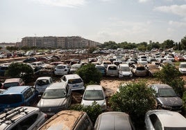 Vehículos arrasados por la dana en un depósito improvisado.