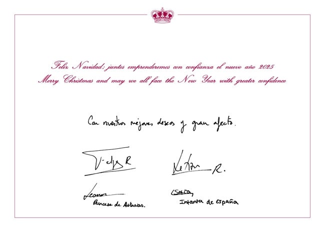 La felicitación, en inglés y en castellano, de los Reyes, la princesa de Asturias y la infanta.