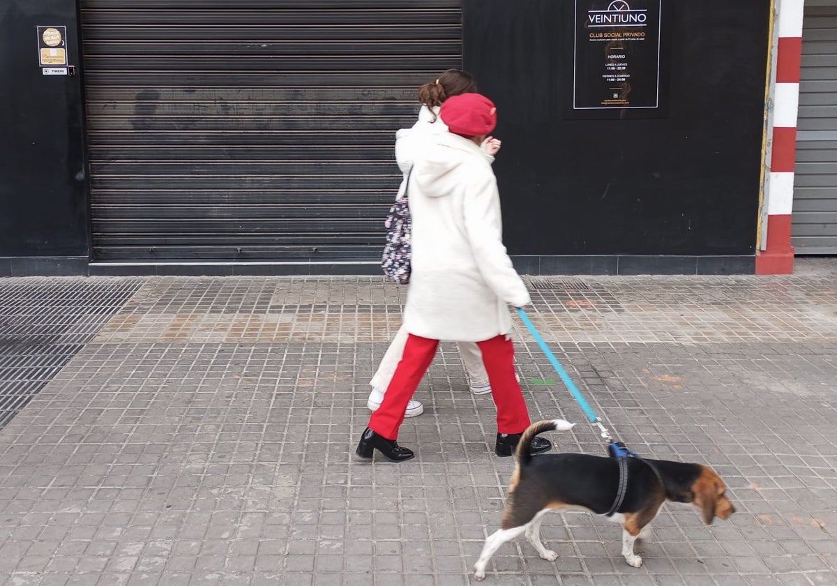 Una vecina pasea con su perro por el tramo de acera donde se encuentra el club clausurado.