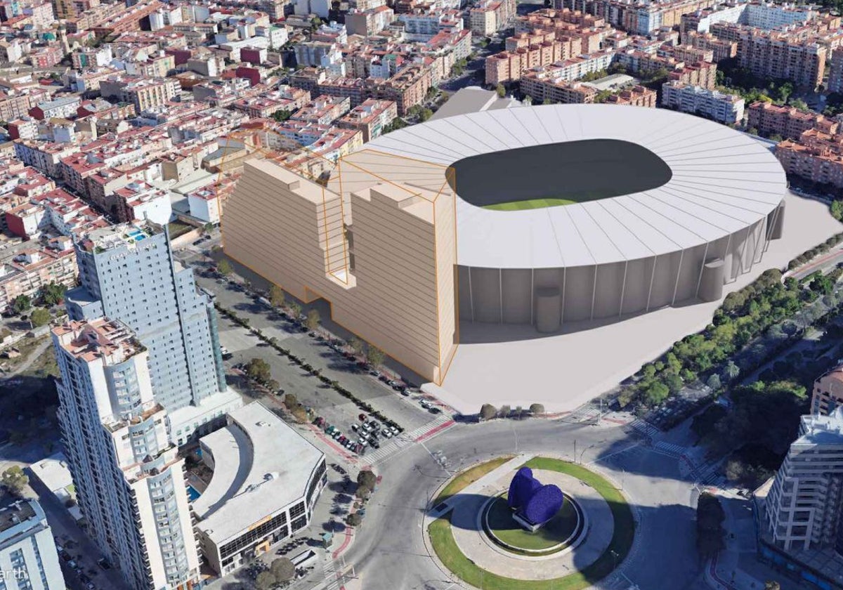 Figuración de los edificios que el Valencia ha proyectado en los 40.000 metros de terciario junto al Nou Mestalla