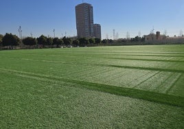 Campo de fútbol de La Torre, cuyos trabajos dde reinstalación del césped están muy avanzados