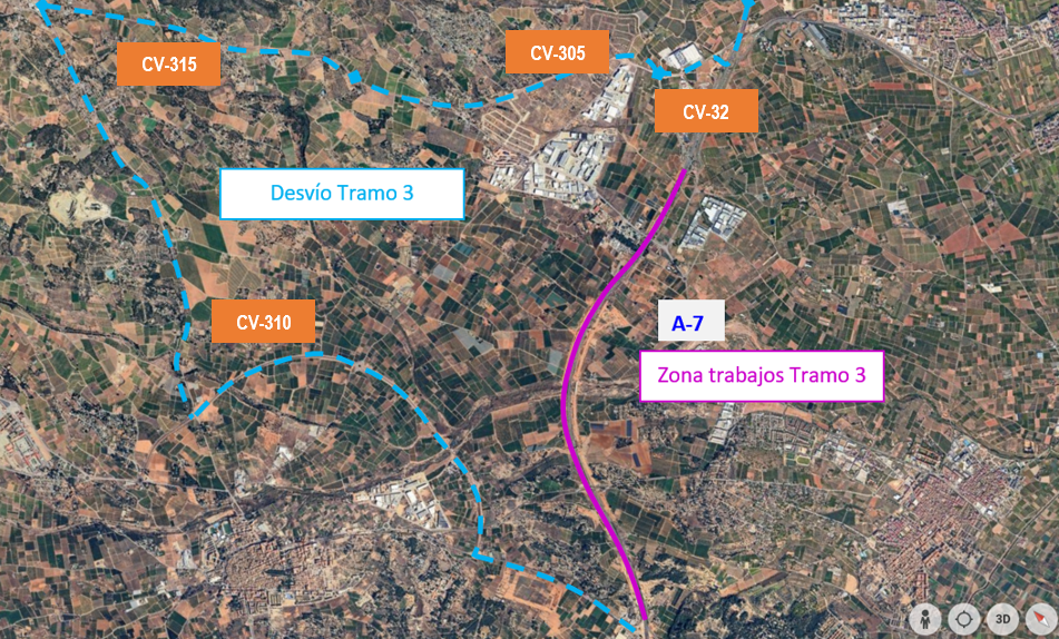 Zona afectada por las obras en la A-7 e itinerario alternativo.