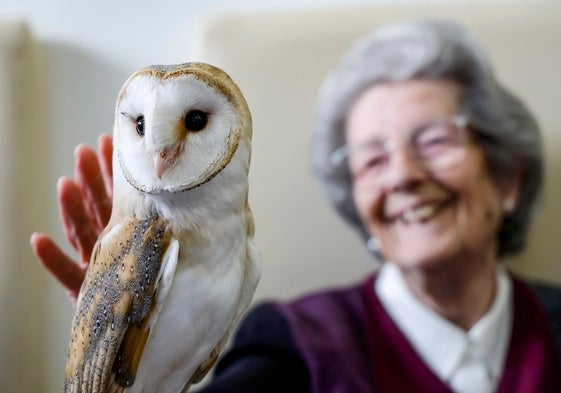 Una usuaria de la Asociación de Familiares de Enfermos de Alzhéimer de Valencia (Afav), interactúa con un ave rapaz de Magic Eagle (Águila Mágica)