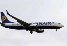 Un avión de Ryanair, a punto de aterrizar en Alicante.