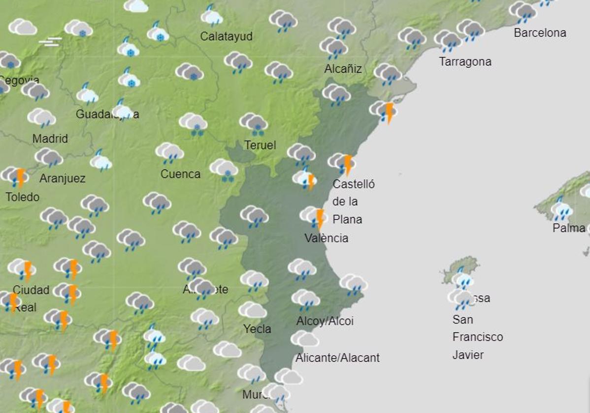 Mapa de lluvias previsto para el viernes.